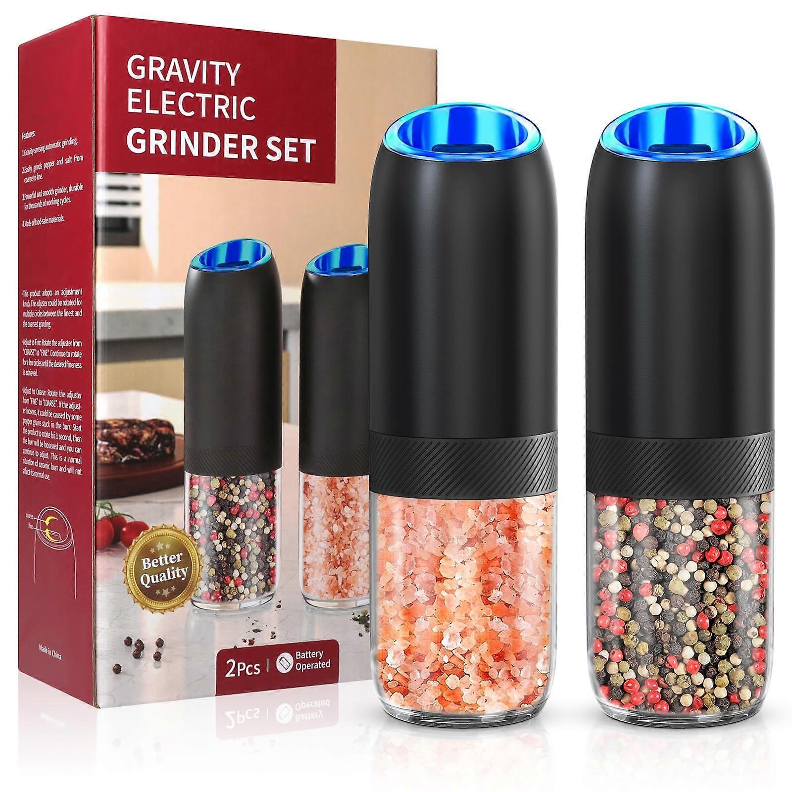 Electric Salt and Pepper Grinder Set with Gravity Operation, Adjustable Coarseness and LED Light