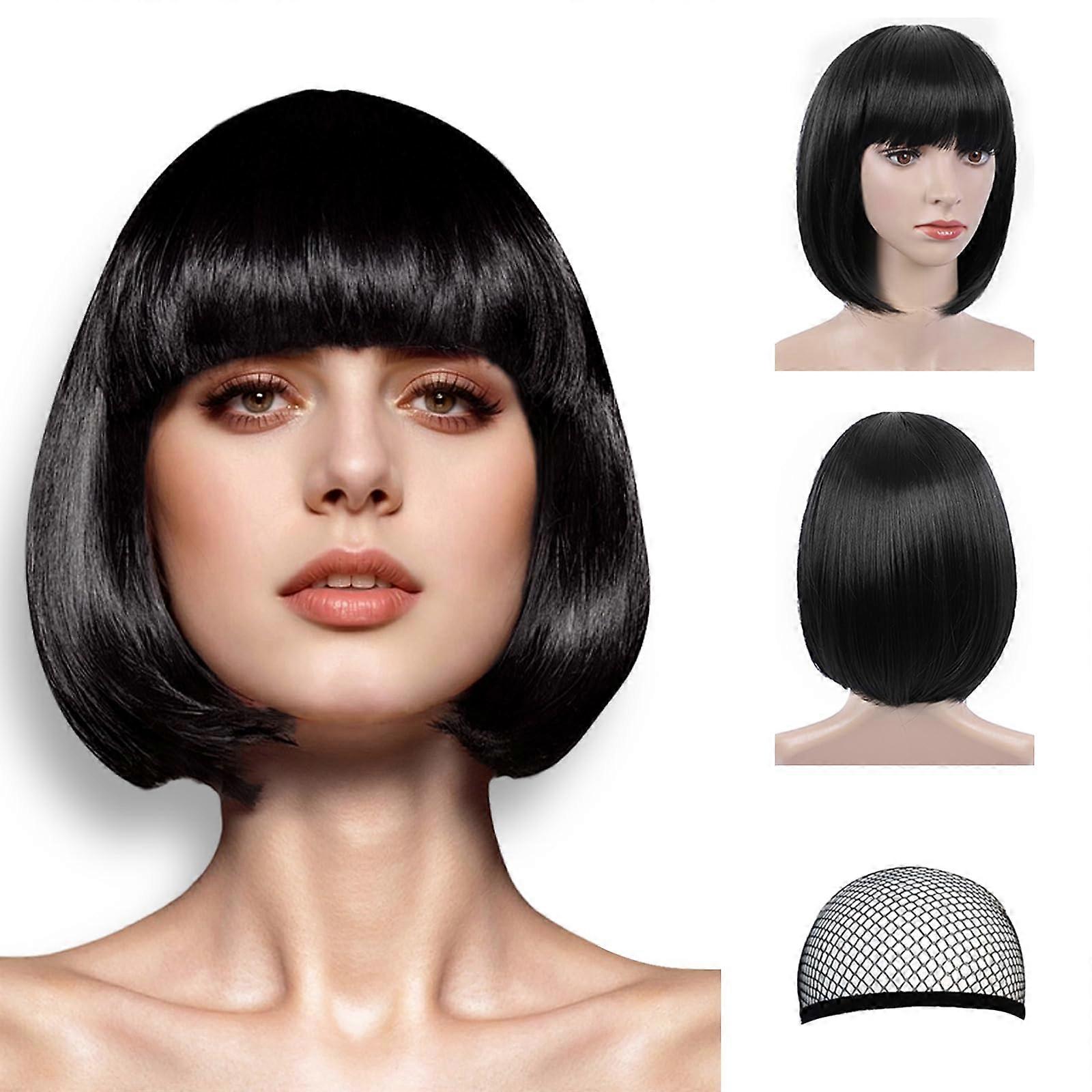 Black Bob Wig with Bangs for Women, 10' Heat Resistant Synthetic Hair, Natural Full Coverage