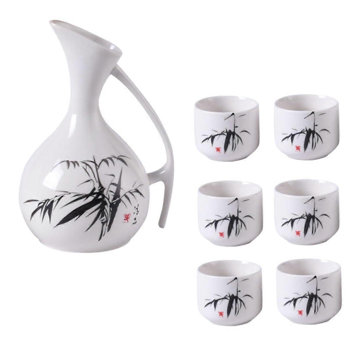 Ceramic Sake Set with Cups and Pot, Elegant Bamboo Pattern for Home and Restaurant Serving