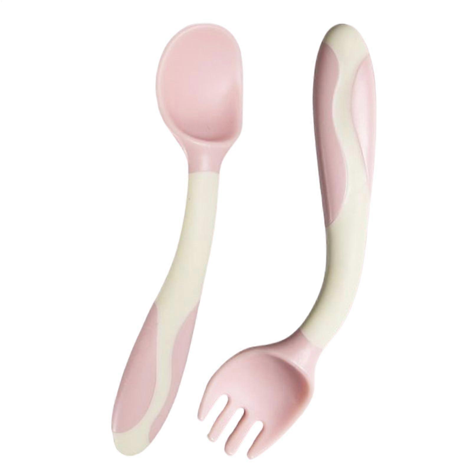 Baby Feeding Set with Bendable Toddler Fork and Spoon, Ergonomic Soft Grip LED Tableware Pink