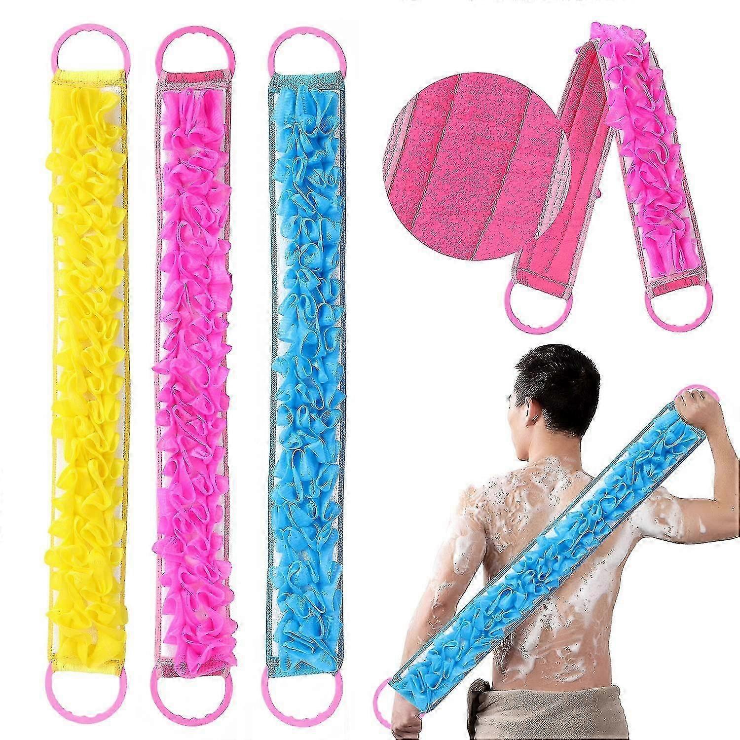 3-Pack Double-Sided Loofah Scrubber with Handle for Back Exfoliation