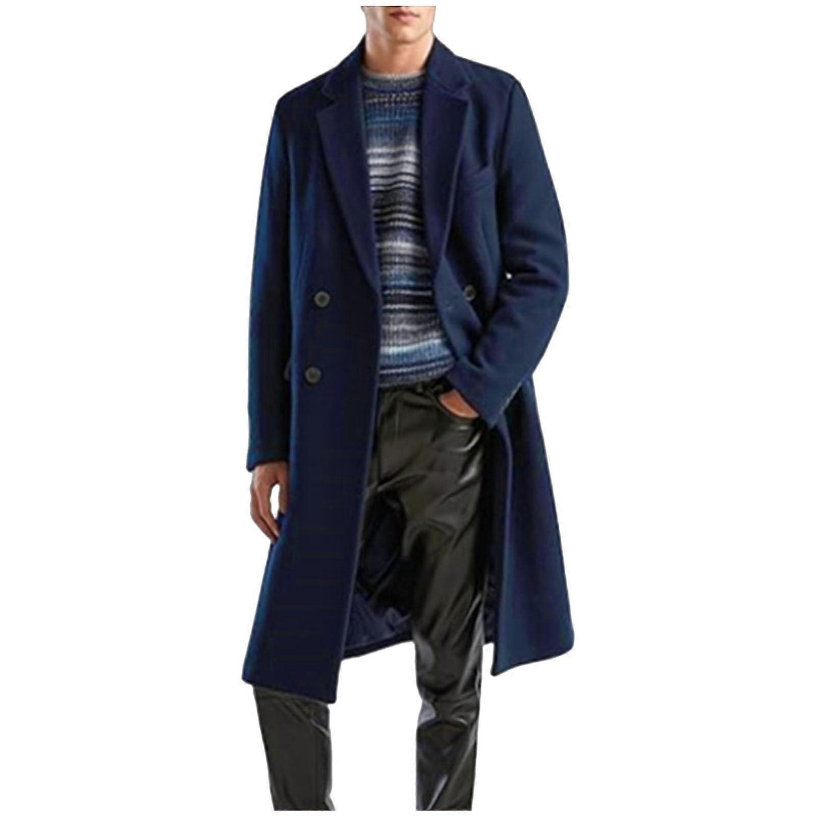 Men's Wool Trench Coat Slim Fit Winter Warm Medium Length Jacket with Durable Button Placket