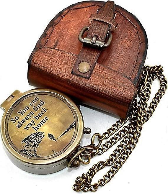 Brass Pocket Compass Antique Nautical Engraved with Leather Case for Hiking Navigation Gift
