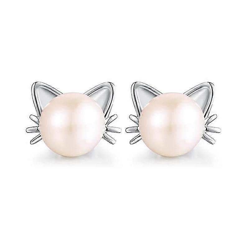 New Cute Cat Pearl Stud Earrings, White Gold