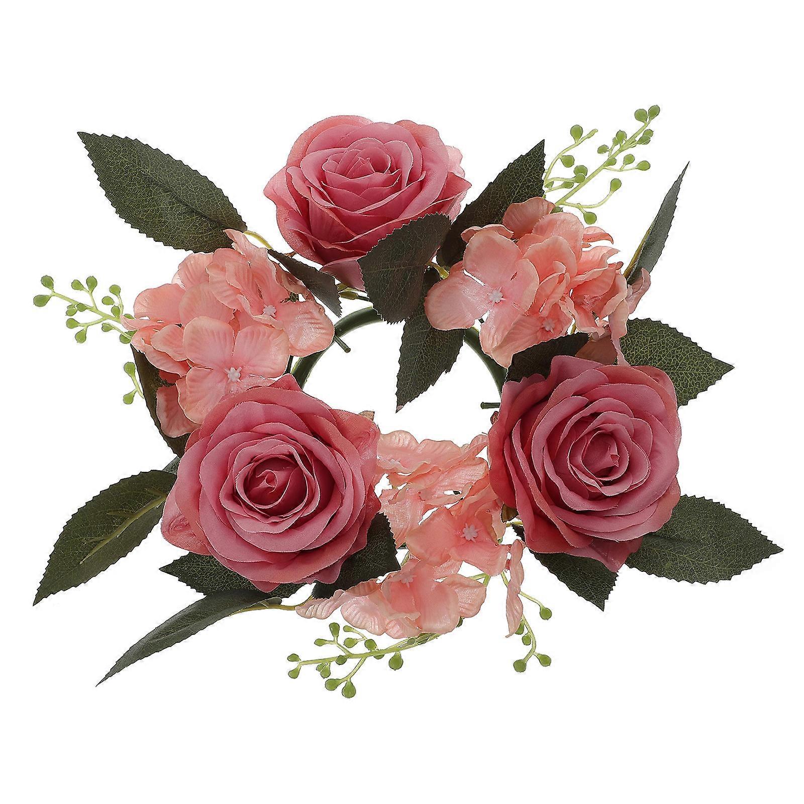Pink Candle Wreath False Rose for Table Candle Ring Silk Flower