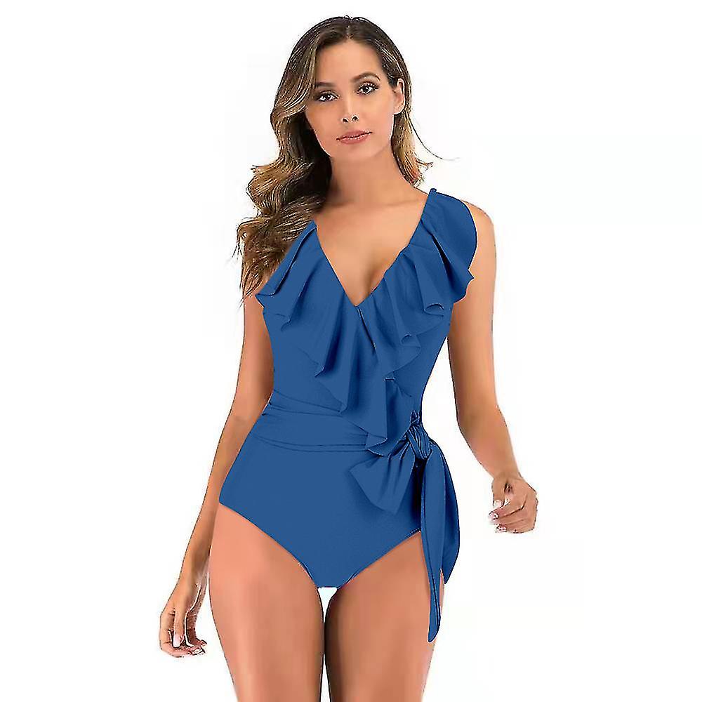 Women's V Neck Piece Bikini Ruffled High Waisted Backless Tankini Swimsuit Tummy Beach Bathing Suit