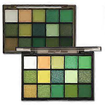 Palette di ombretti verdi con 15 colori pigmentati a lunga tenuta, opachi e scintillanti, perfetti per le feste.