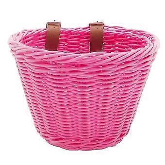 Kids Bicycle Basket Pink Rattan Woven with Secure Handlebar Strap