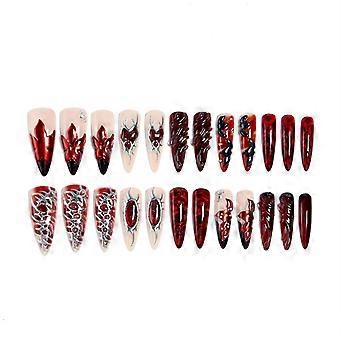 Gothic Burgundy 3D Thorn Heart Metal Press-On Nails, 30 pcs Long Tip False Nail Tips with Adhesive for Women and Girls