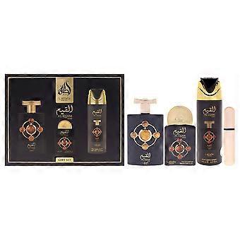 Lattafa Pride - Al Qiam Gold di Lattafa, set regalo da 3 pezzi per donna: 3.4 oz (100 ml) Eau de Parfum spray, 0.67 oz (20 ml) Eau de Parfum spray, 6.67 oz (190 ml) spray profumato per il corpo.