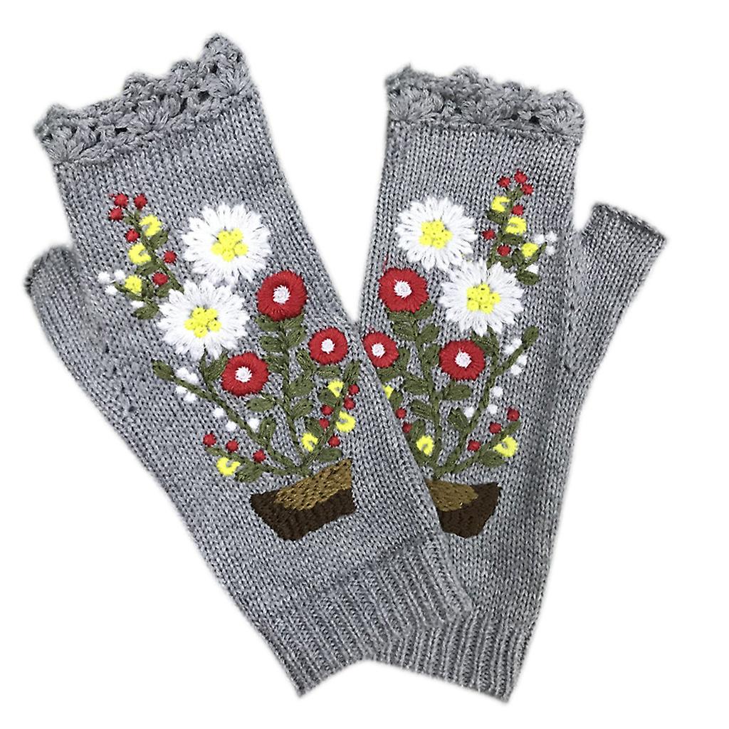 Touchscreen Half-finger Gloves Women Skiing Long Mitten with Flower Pattern