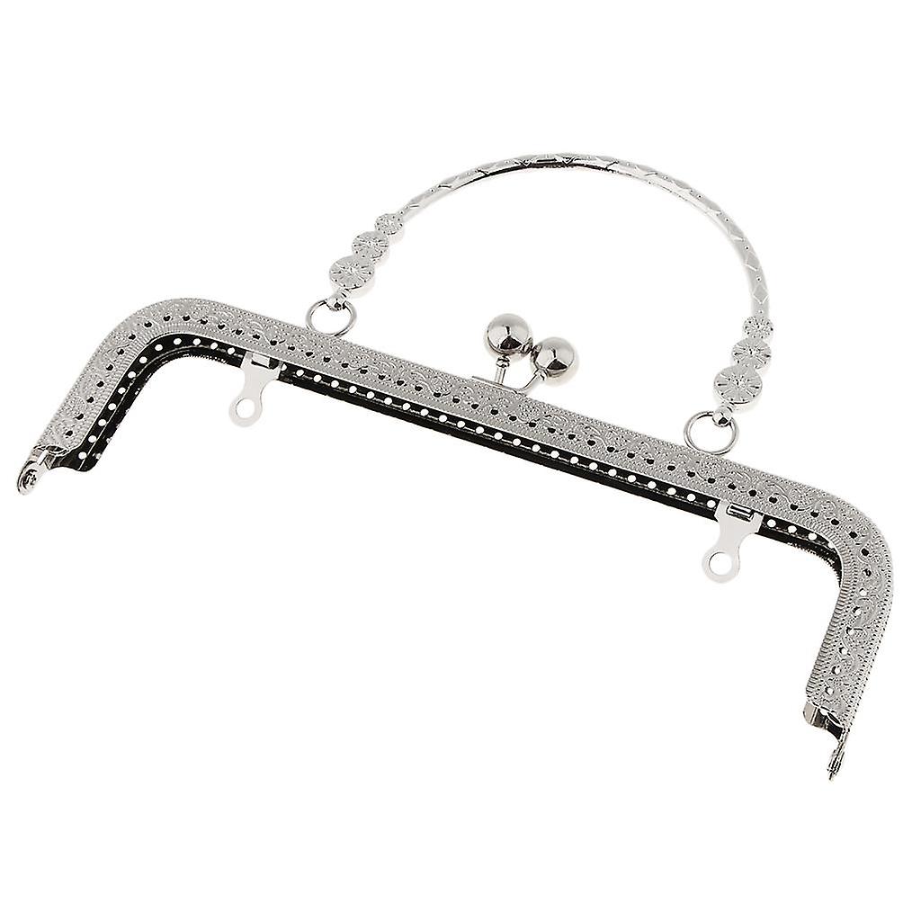 Squared Embossing Metal Purse Handbag Frame Kiss Clasp with Handle Silver