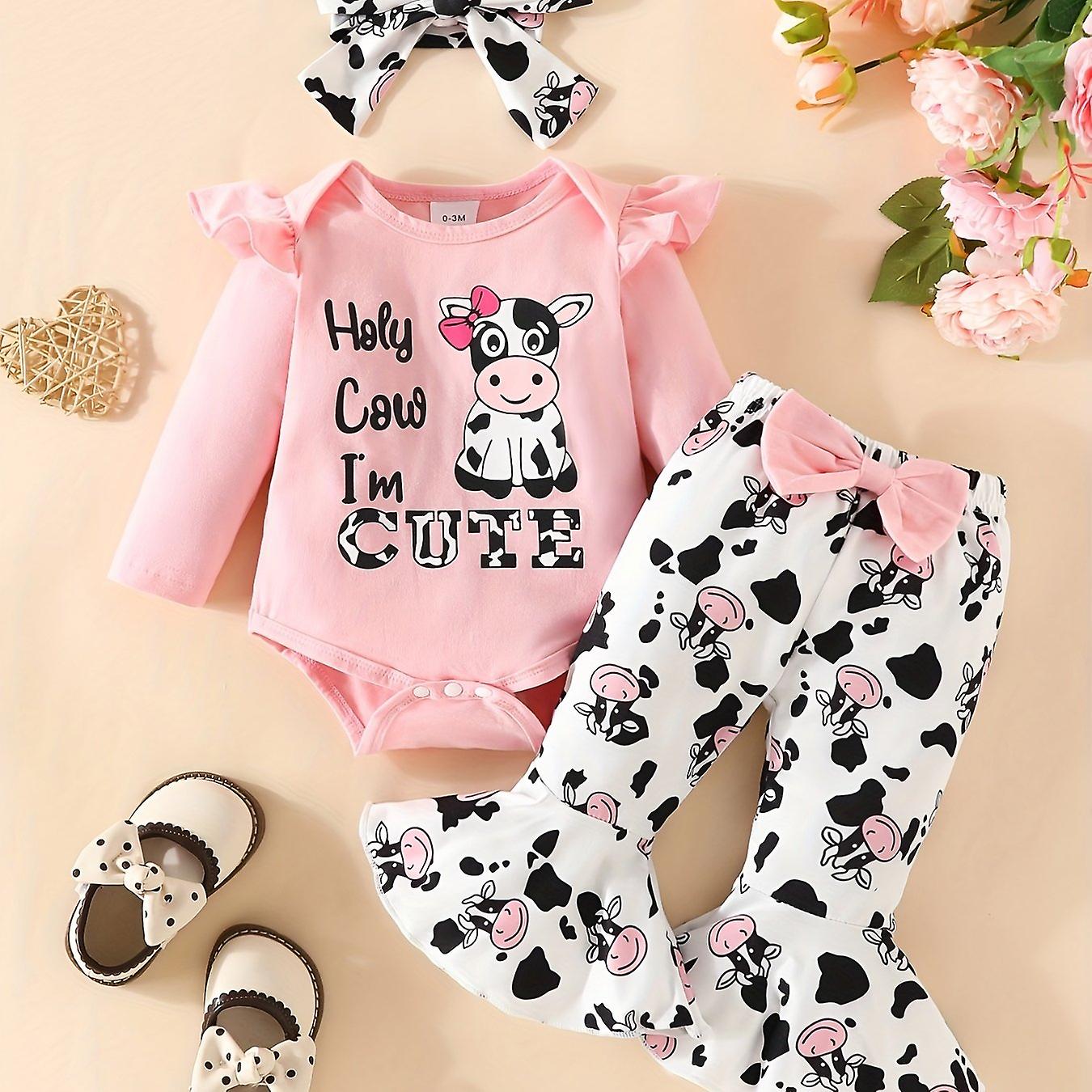 Cute Cow Print Outfit - Long Sleeve Flutter Sleeve Infant Romper + Bowknot Flared Trousers + Headband Baby Girls 3pcs Set