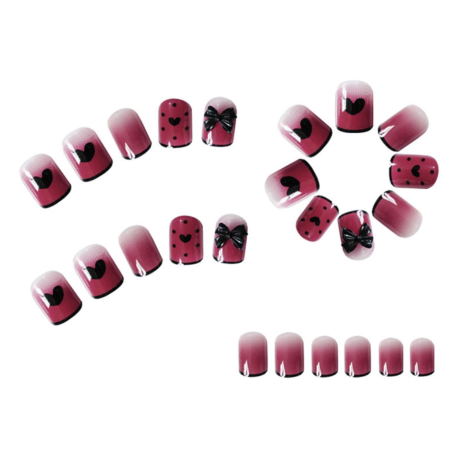 Black Heart & Bowknot False Nails Full Cover Natural Medium Square Nails