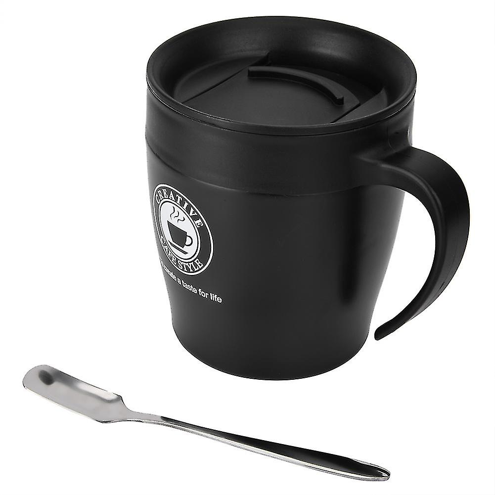 Stainless Steel Insulated Coffee Mug with Spoon and Lid for Office and Travel (Black)