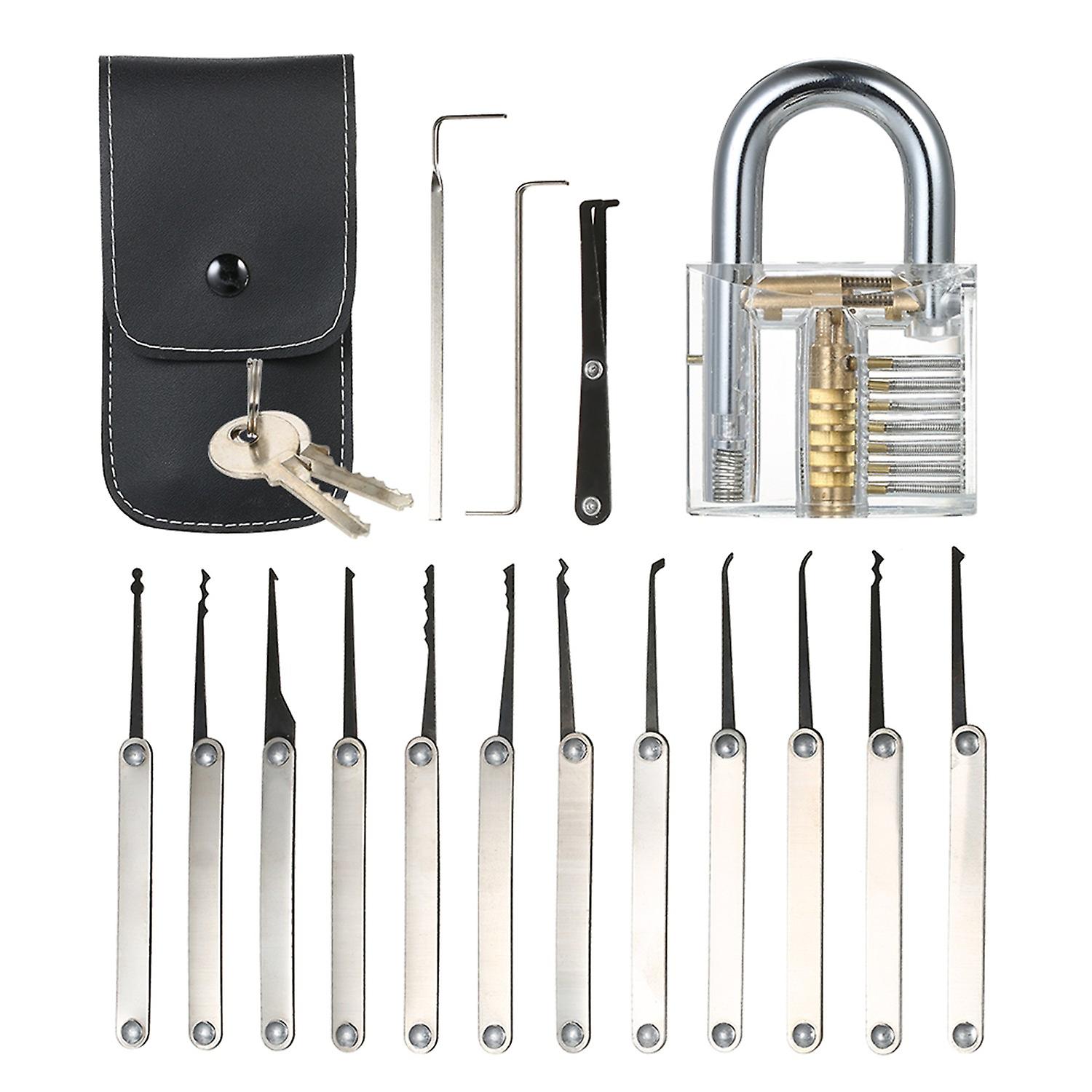 15pcs Lock Picking Set Kit Tool with Transparent Practice Training Padlock Lock for Locksmith Beginn
