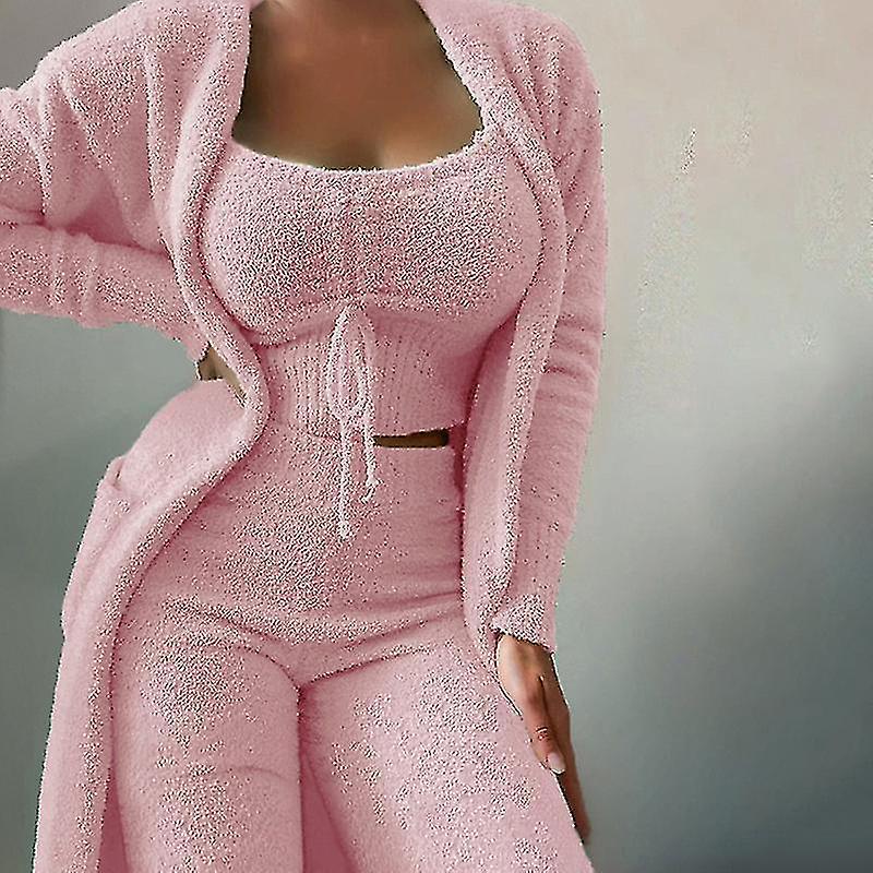 Ladies Casual Crop Tank Tops Lounge Sets Loungewear Long Sleeve Fuzzy 3 Piece Sweatsuit