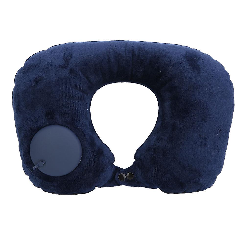 Crystal Velvet Fabric Automatic Press Push Inflatable U shape Pillow for Rest Neck (Dark Blue)