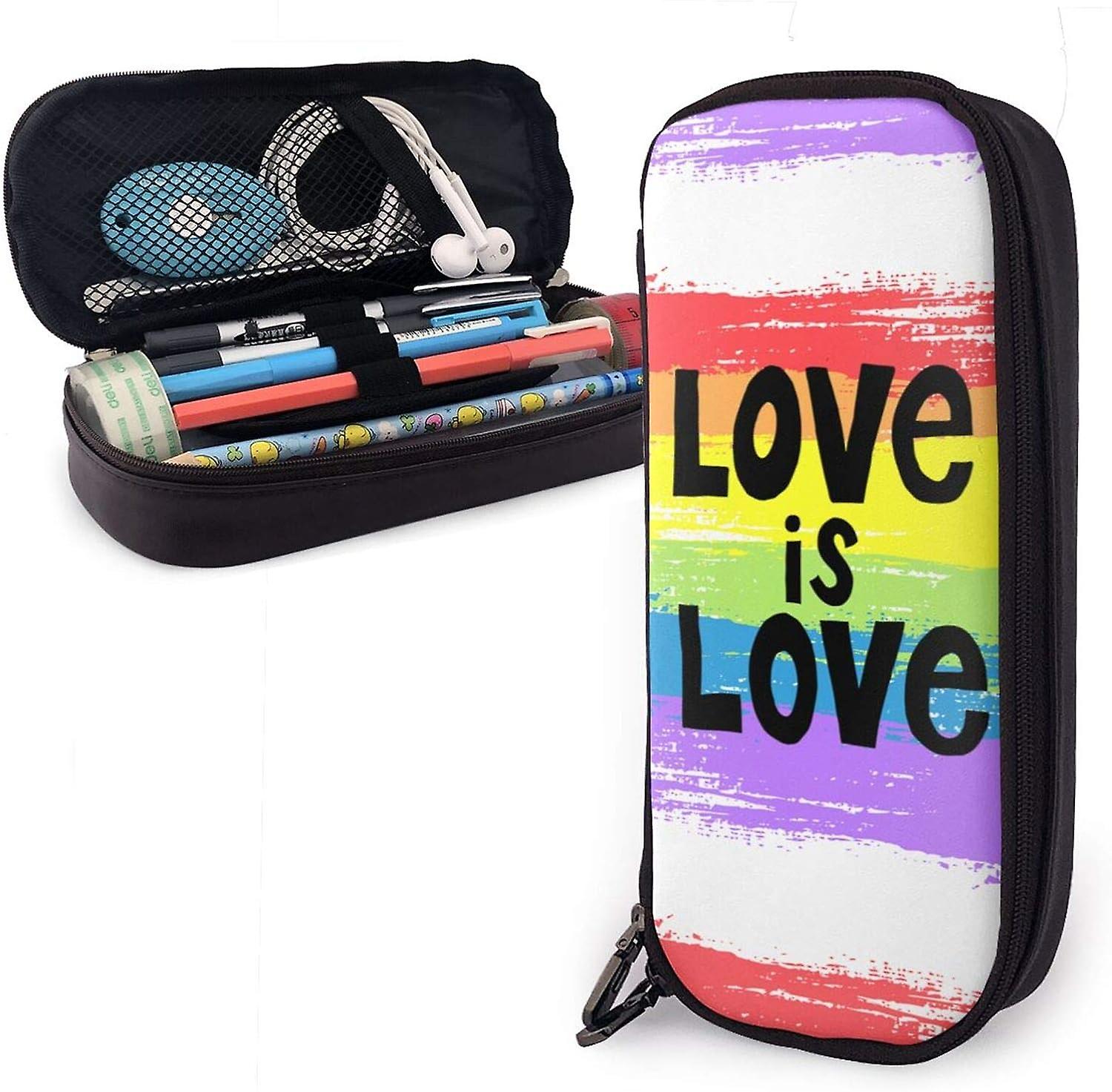 Ουράνιο τόξο Gay Pride Love Is Love Pencil Case Big Capacity Pen Storage Bag Pouch Holder Box Leather Stationery Organizer με φερμουάρ για το σχολικό γραφείο S