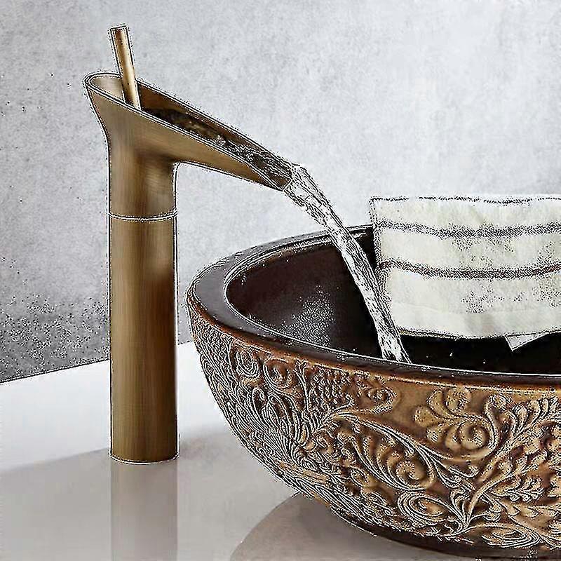 All Copper Retro Wash Basin With Fixed Waterfall Faucet, Above Counter Basin (high Antique)