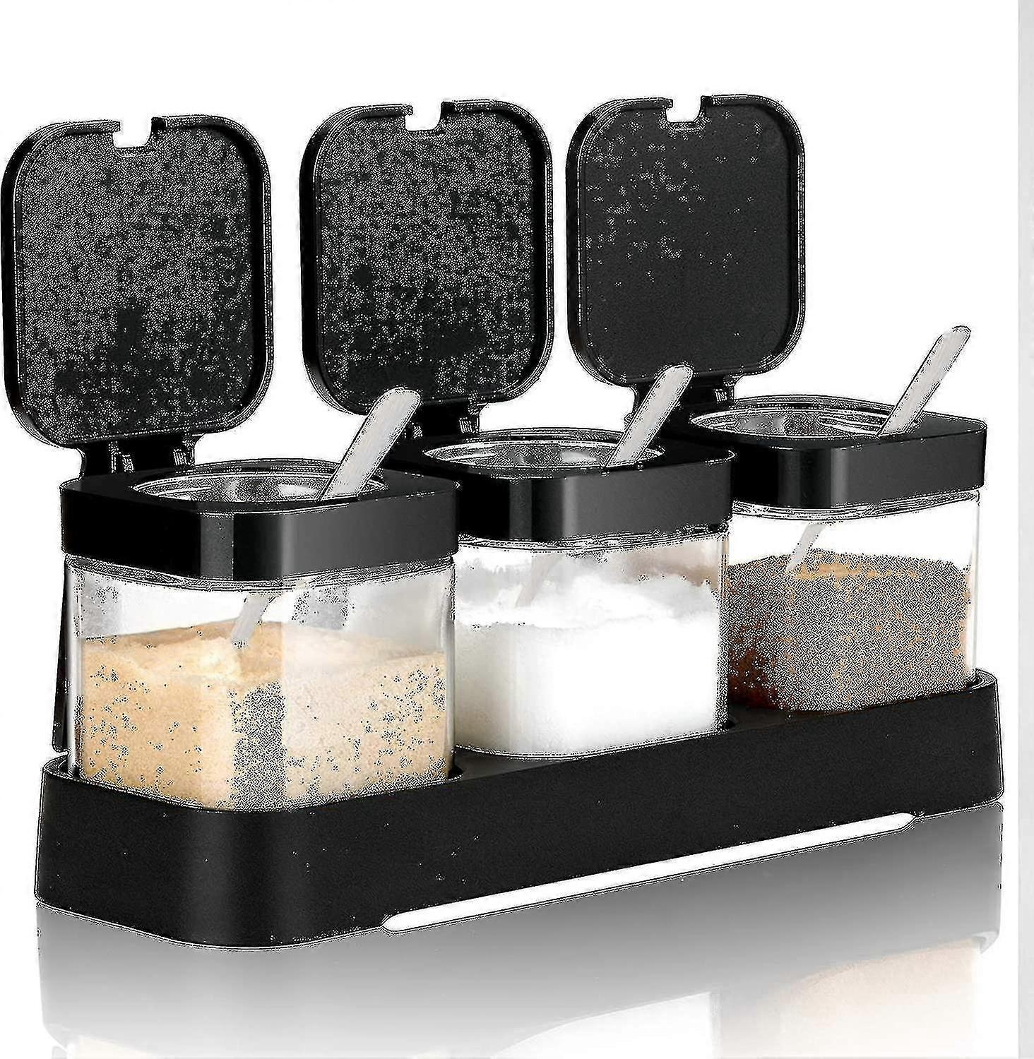 Condiment Jar Spice Container With Lids And Spoons, 8oz Clear Glass Condiment Canisters Pots Seasoning Box Salt Container Sugar Bowl Set Of 3 For