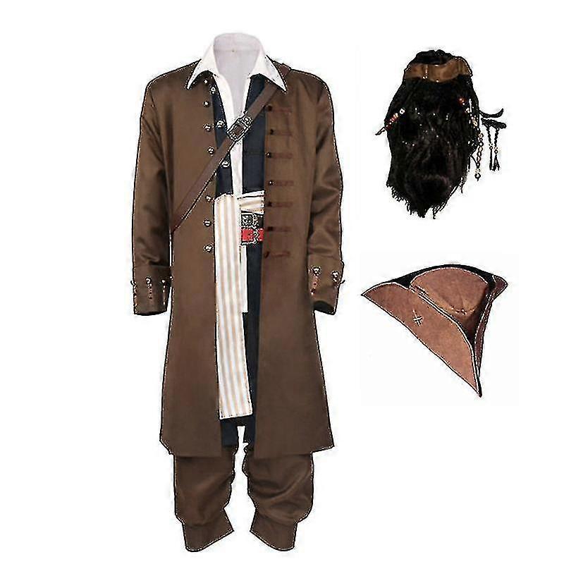 Cosdaddy Captain Jack Sparrow Cosplay Kostüm Palto Ceket Yetişkin Şapka Peruk Takım Elbise Cadılar Bayramı Karnavalı Kostüm