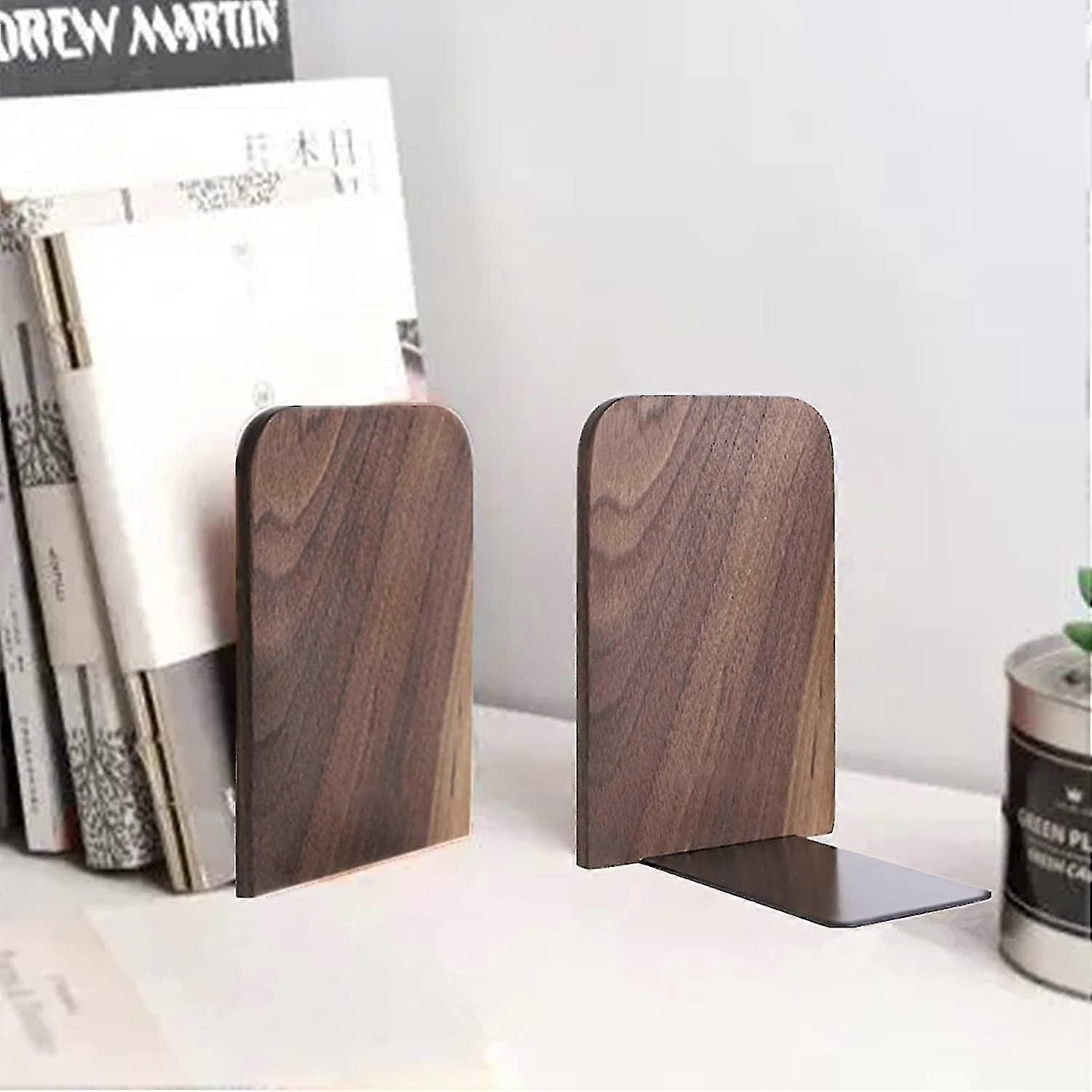 2 יח 'קצוות ספר מעץ, קצוות ספרים דקורטיביים למדפים, מחזיק ספרים מעץ אגוז שחור ללא החלקה לבית הספר למשרד הביתי, קצה ספר בצורת L מושלם לספרים, ד