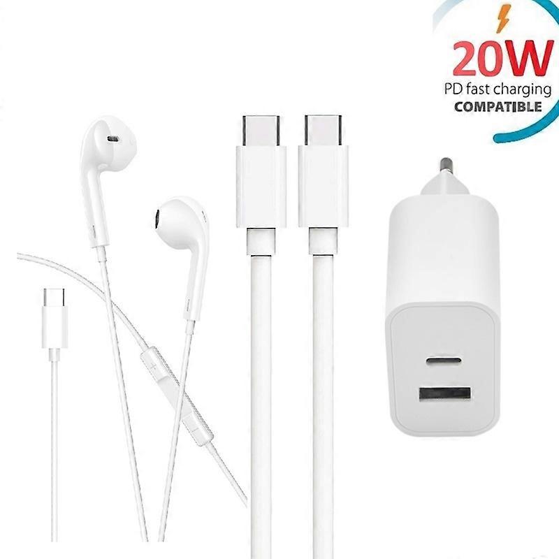 Chargeur rapide double port USB-C + câble USB-C vers USB-C + casque avec connecteur USB-C
