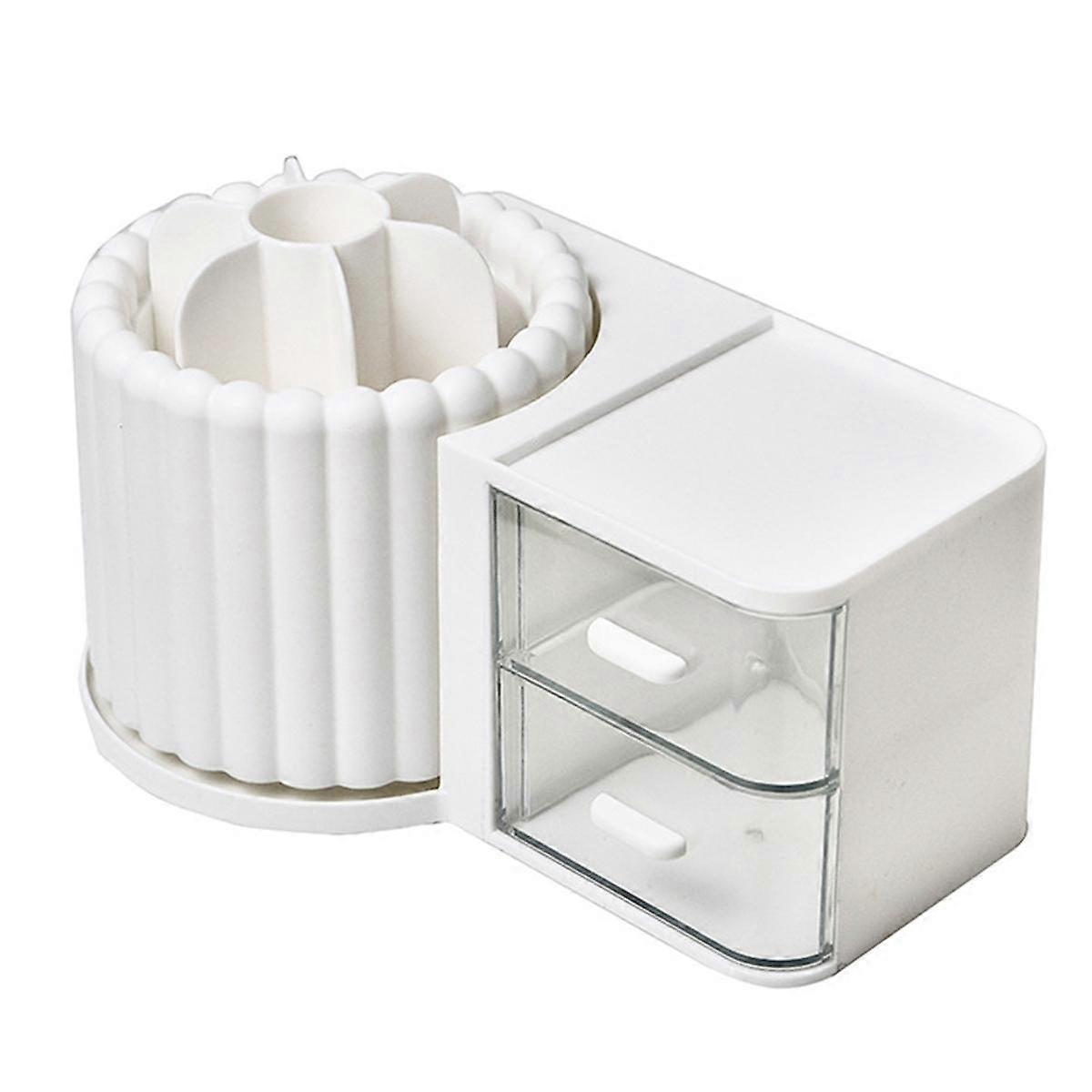 Makeup Brush Holder Organizer with 2 Drawers,360 Rotating Makeup Organizer Countertop,Capacity Display Case White
