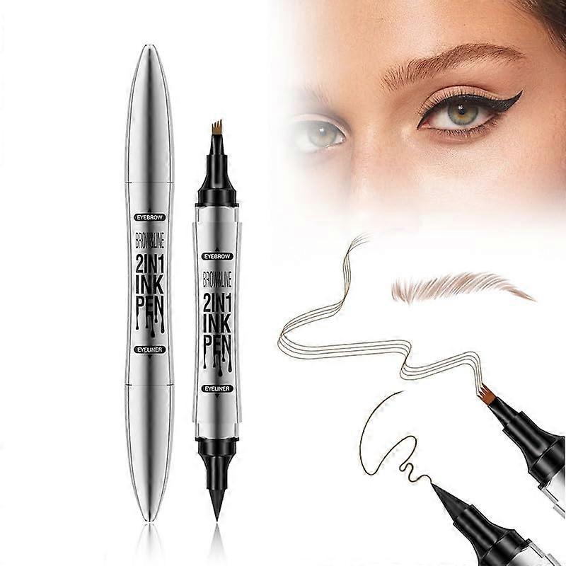 2 In 1 Magic Eyebrow Pencil, Upgrade 3D Eyebrow Pencil 4 Fork Tip with Eyeliner, Double Head Eyebrow Pencil Waterproof Makeup Tools