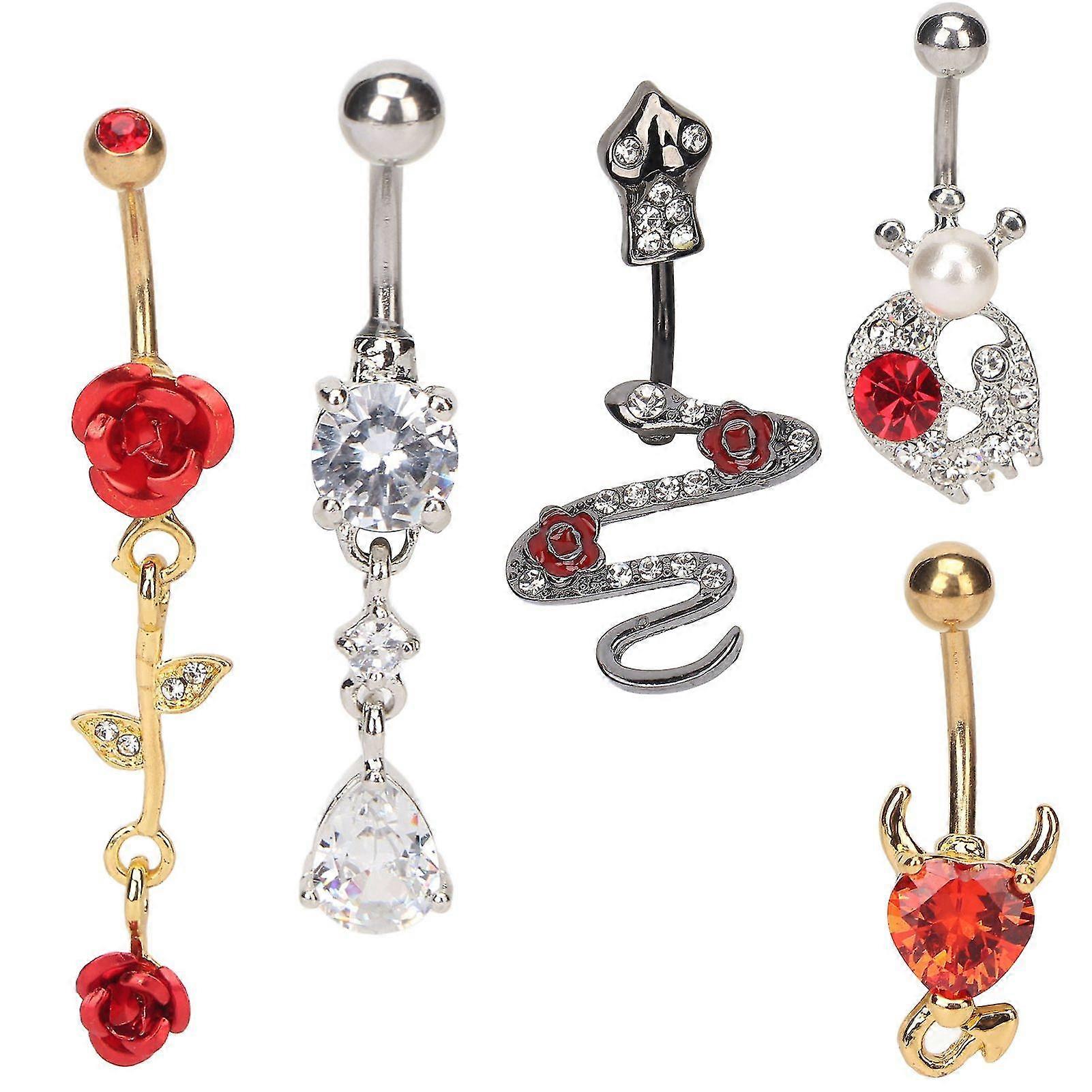 Belly Button Rings 5pcs Stylish Stainless Steel Jewelry with Shiny Rhinestones for Piercing
