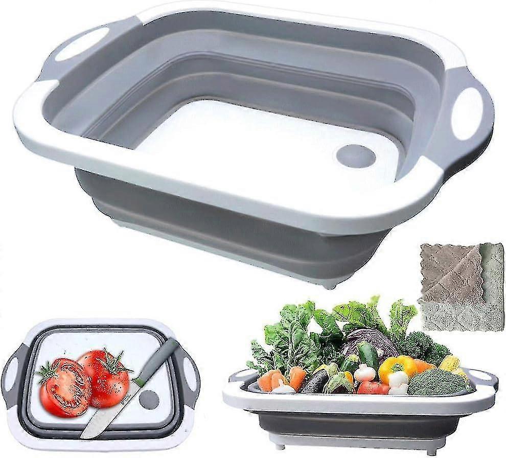 3-in-1 Foldable Cutting Board and Chopping Basket with Drainage and Towel for Kitchens and Travel (G