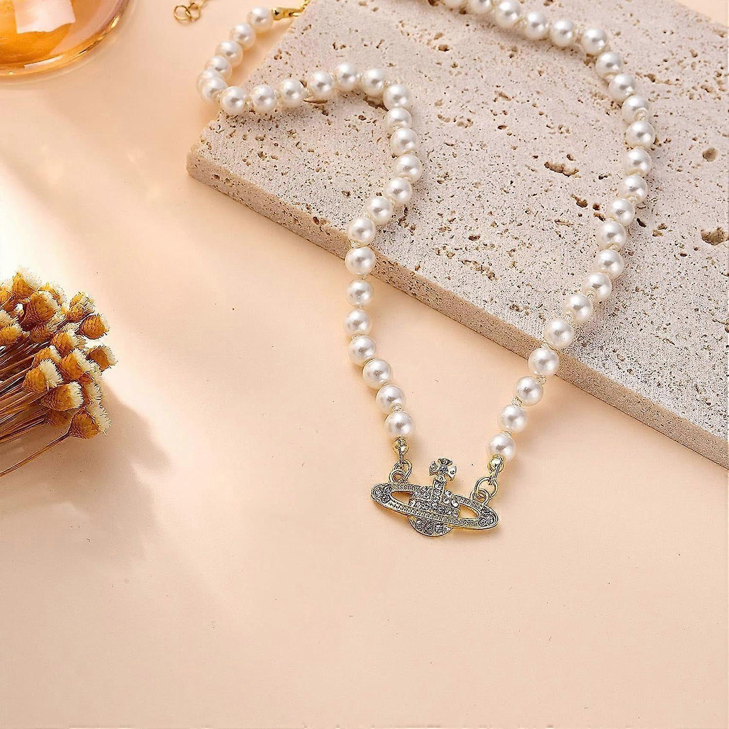 Collana Con Perle E Ciondolo Saturno In Cristallo Strass, Argento, Per Donna - 5