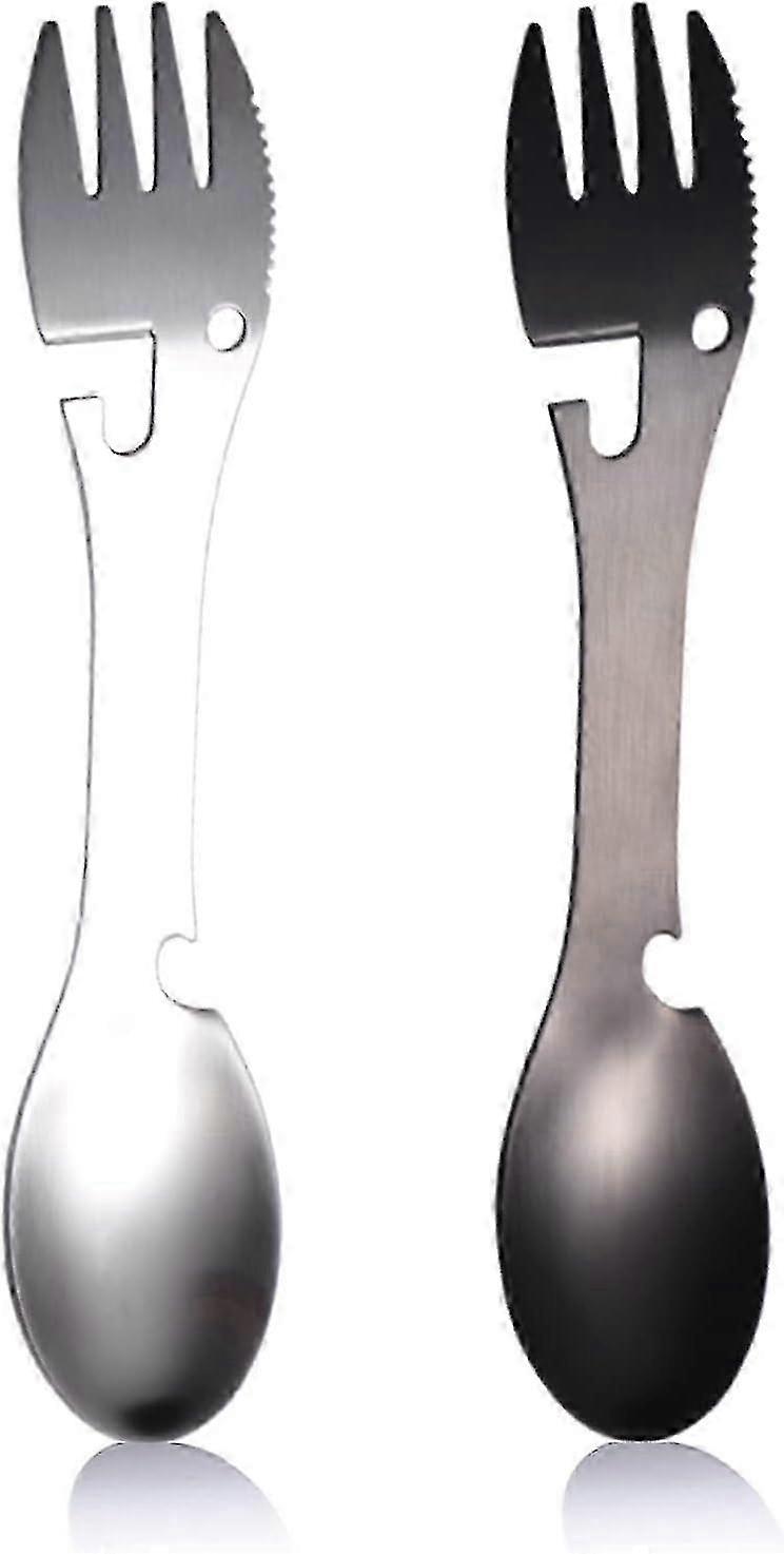 2 PCS Stainless Steel Utility Camping Spork,Multifunctional 5 In 1 Outdoor Spoon Fork Bottle Can Opener Camping Cutlery Travel Functional Eating Multi