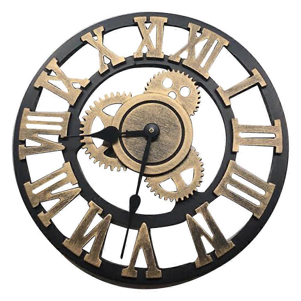 30cm European Style Gear Clock Retro Mute Round Wall Clock Creative Roman Numerals Silent Wall Clock for Home Living Room Decor Golden without Battery