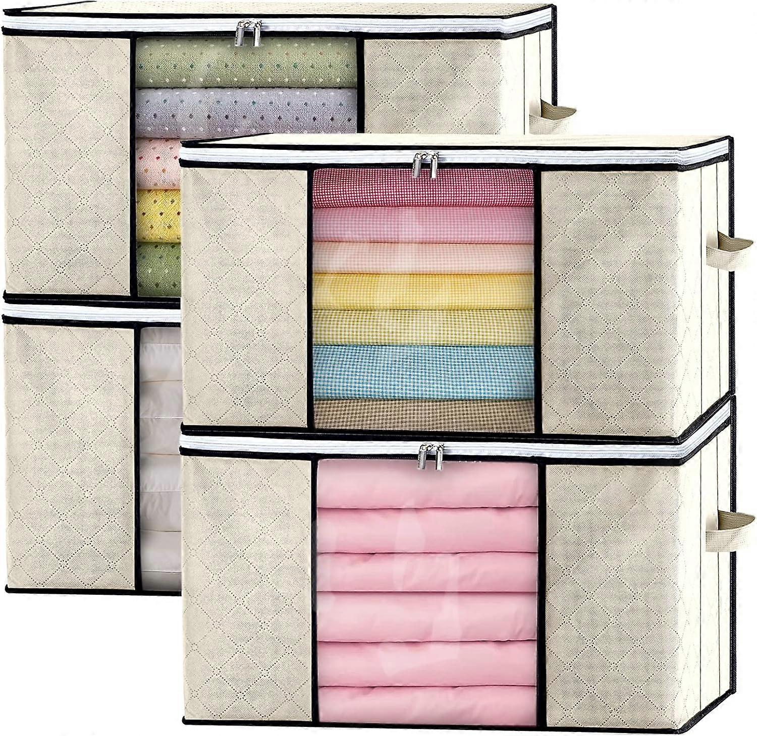 Large Capacity Clothes Storage Bags 4 Pack, Storage Boxes With Lids, Reinforced Handle Moving Boxes, Storage Box, Wardrobe Organiser for Duvet Bedd