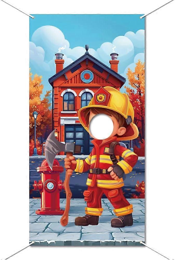 70.9x35.4 Inch Fireman Photo Banner Backdrop Background Fireman Theme Photo Door Banner Large Fabric Face in Hole Play Party Game Rescue Theme Backdro