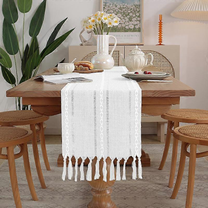 Rustic Table Runners with Handmade Tassel, Vintage Woven Cotton Linen Table Runner Long for Party Dining Table Decoration