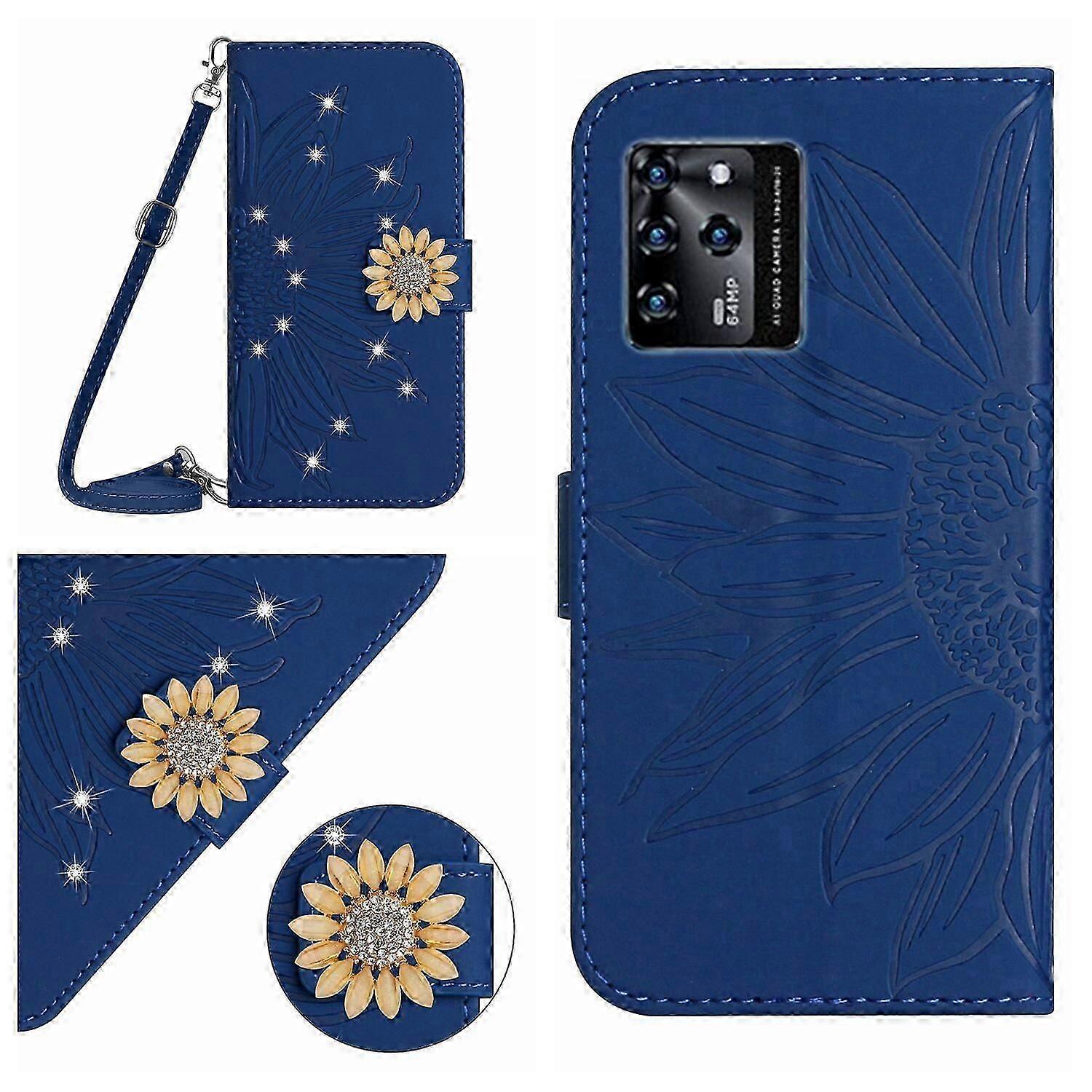 Compatible With ZTE Blade V30 Embossed Sunflower with Diamonds Magnetic Card Holder Wallet Phone Case with Shoulder Strap