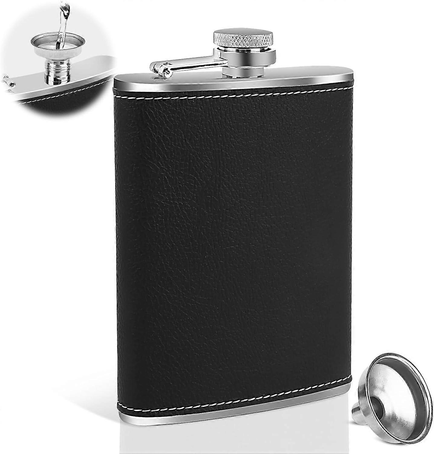 Whiskey Flask, 8 oz Stainless Steel Hip Flask Black Portable Leather Flasks with Funnel, for Hiking, Travel, Fishing, Camping and Climbing