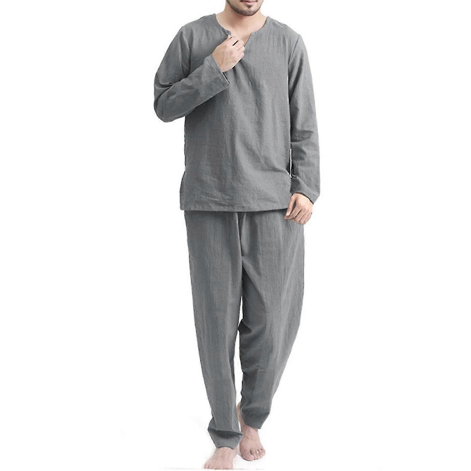 Männer Pyjama einfarbig Bequemer lockerer V-Ausschnitt Herren Pyjama zum Schlafen