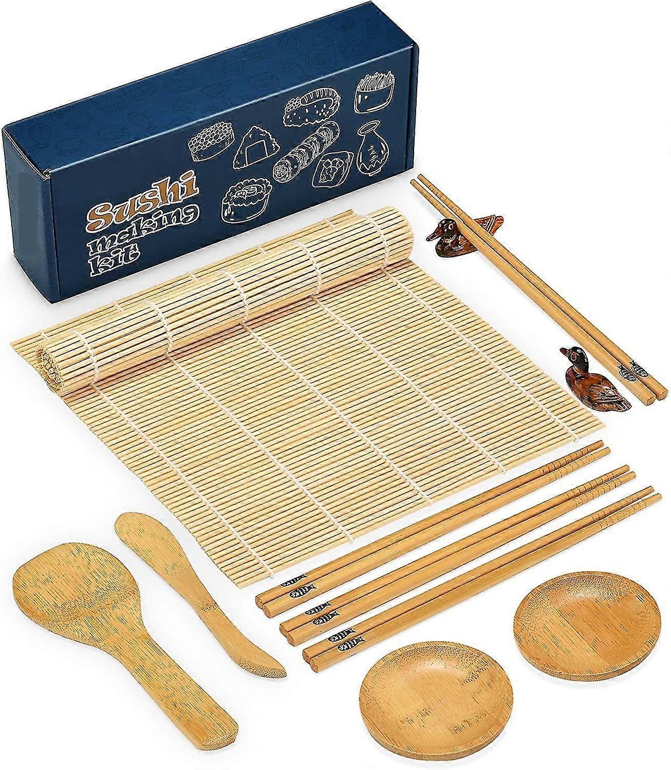 12 stuks Sushi Making Kit, bamboe Sushi Roller Mat, bamboe Sushi Rolling Mats, eetstokjes en houder, Paddle, Speader, Sause schotel
