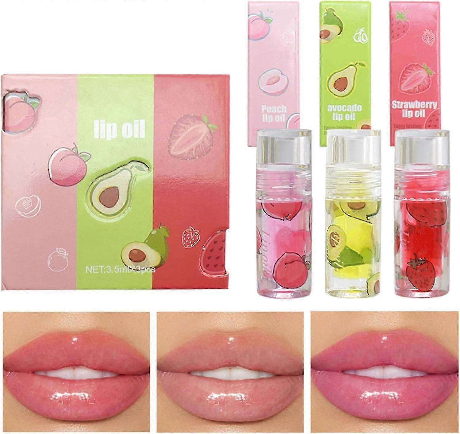 Fruit Lip Oil, 3Pcs Set Lip Gloss, Light Moisturizing Lip Glow Oil, Clear Crystalline Lip Gloss, Moisturizing Lip Gloss, Glossy Liquid Lipstick Gift