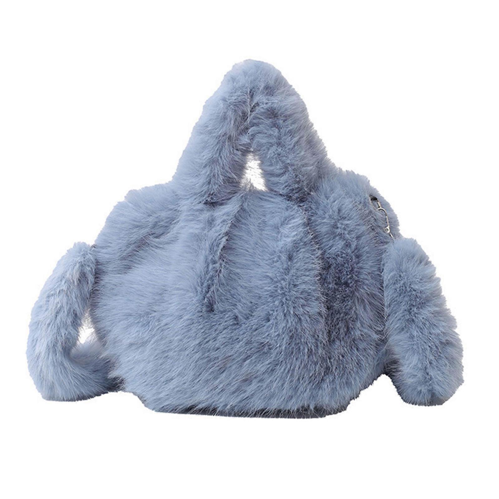 Multipurpose Fuzzy Shoulder Bag with Top Handle Fall Winter Faux Furs Plush Round Purse Crossbody Handbag for Ladies Sky Blue