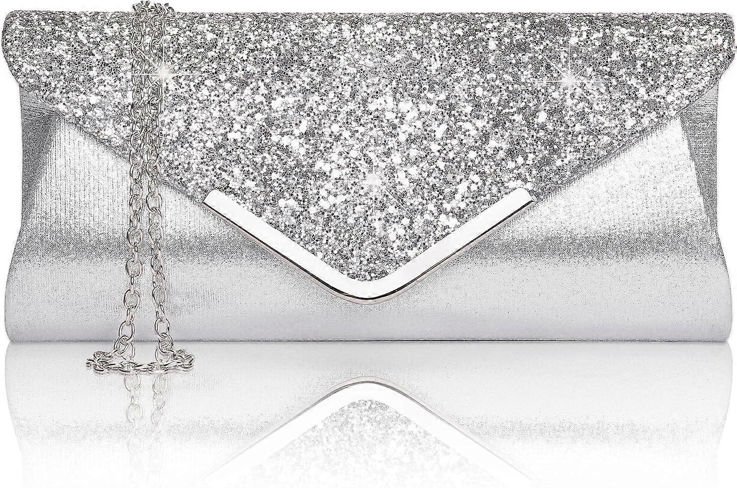 Clutch(Silver) Envelope Shiny Silver Sequin Evening Bag for Women