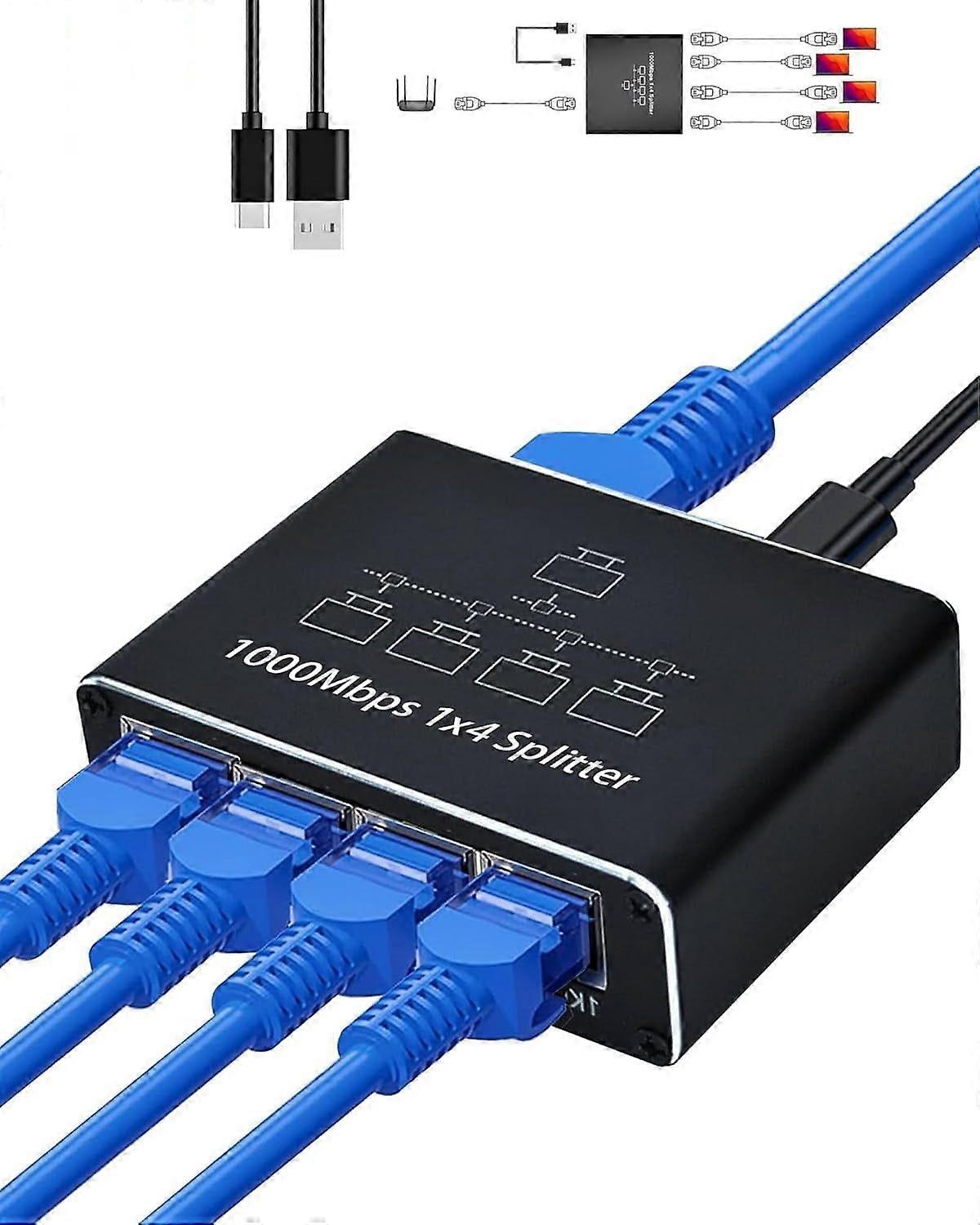 Ethernet Splitter 1 in 4 out 1000Mbps High-Speed Network Distributor with USB Power Supports 4 Devices Simultaneously