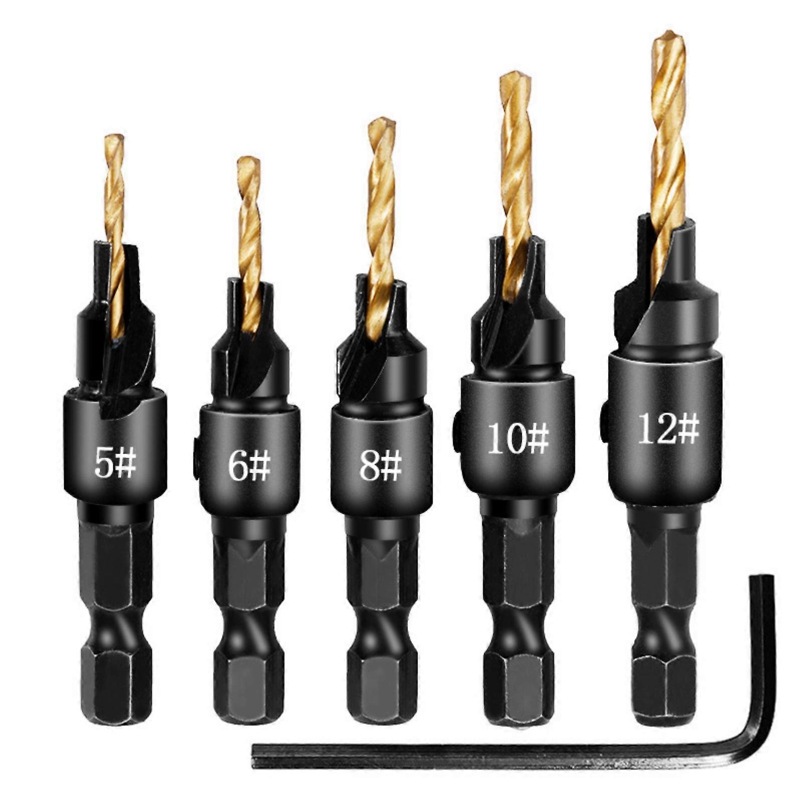 5PCs Professional Woodworking Countersink Drill Bit Set 1/4" Hexagonal Shank Design Fast Chamfering and Boring Tool Kit