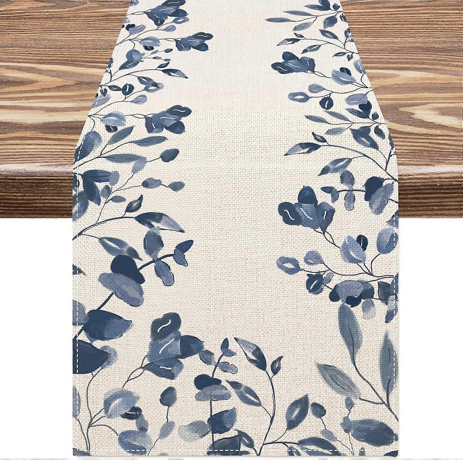 Blue and White Table Runner - 13 x 183 Inch Blue Leaf Pattern Watercolor