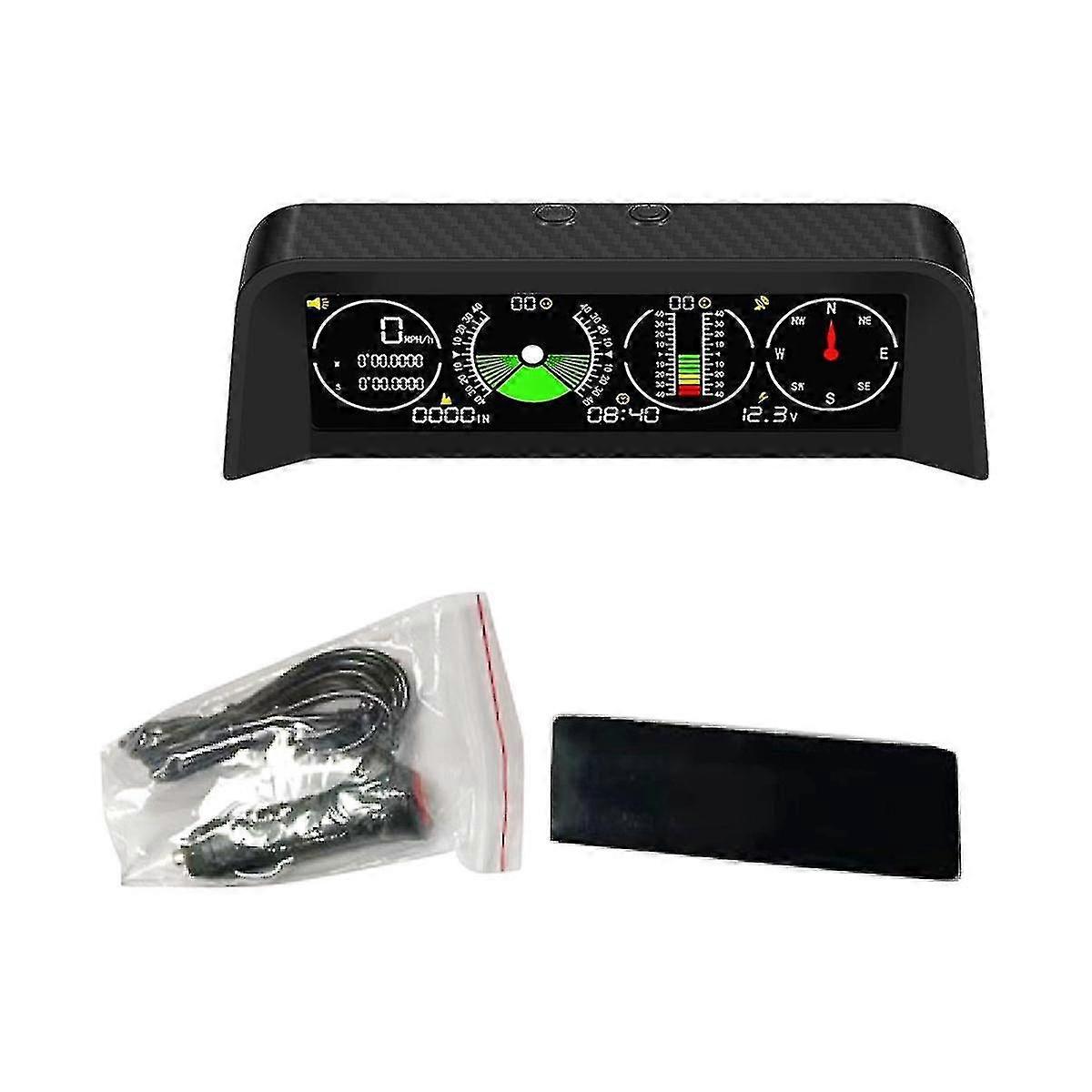 Car GPS Speed Slope Meter HUD Compass Tilt Angle Protractor Clock - Black