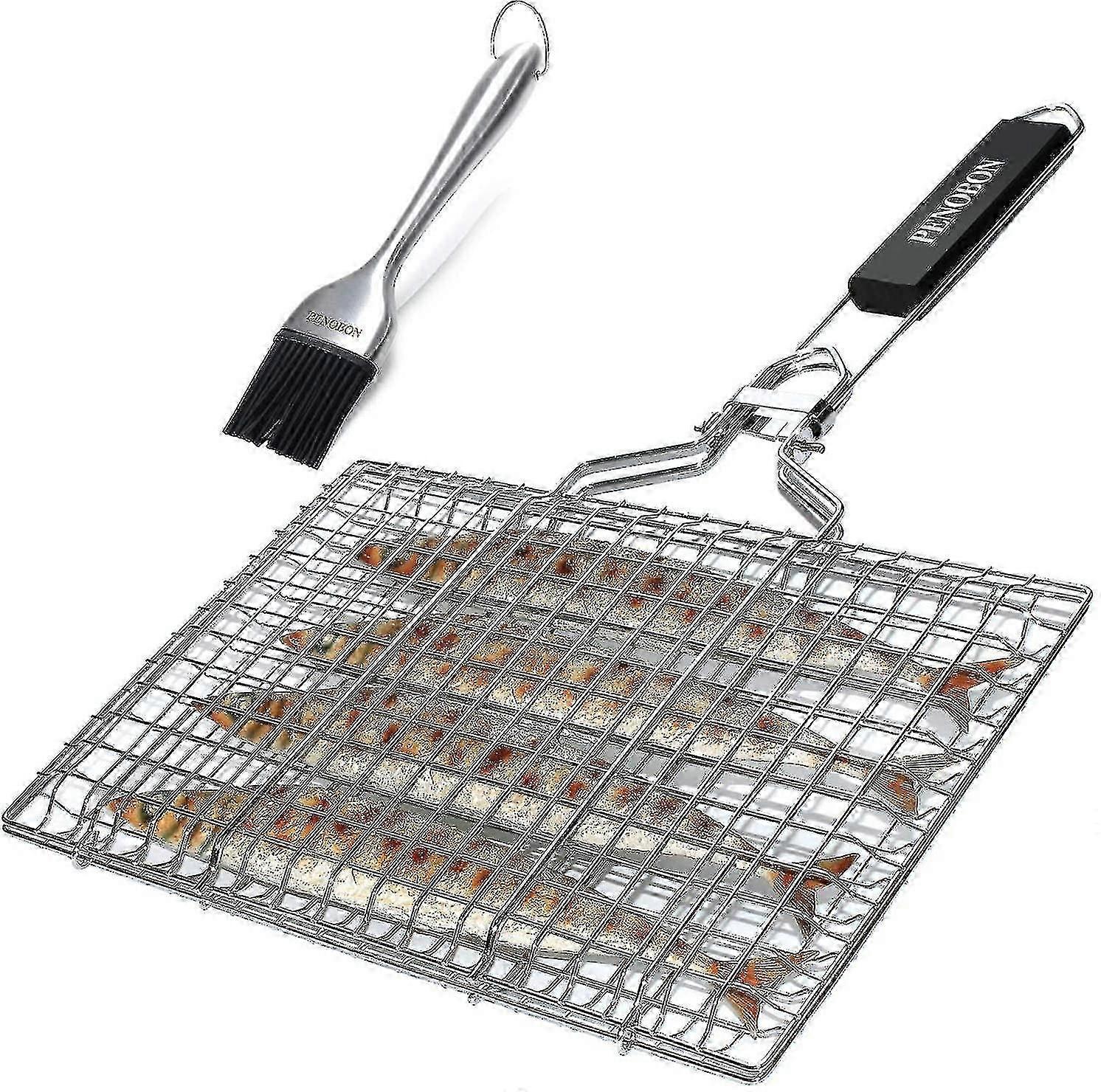 Penobon Grill Basket For Barbecue, Foldable In Stainless Steel, For Cooking Fish, Vegetables Or Shrimps, With Detachable Handle, Basting Brush.
